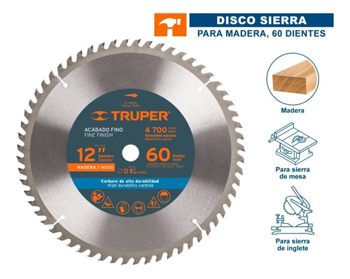 Disco Sierra Para Madera 12pul Centro 1pul. 60dientes Truper Color Gris