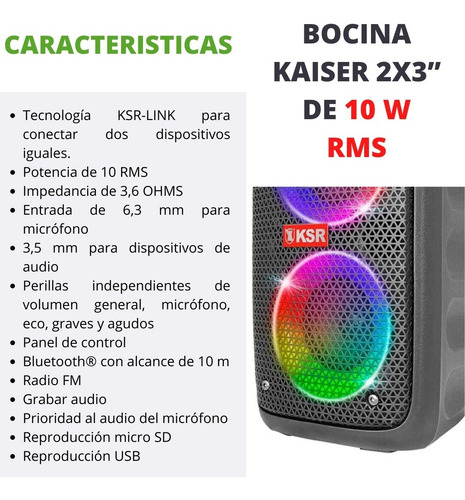 Imagen 3 de 5 de Bocina Recargable 2x3 Bluetooth 10w Rms Multicolor Ksw-5003