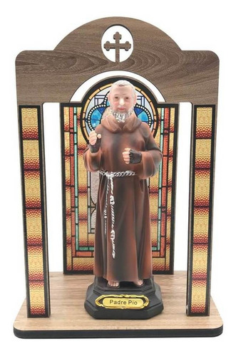 Oratório De Madeira Mdf Imagem De Santo Vitral Anjo Cor Marrom-claro