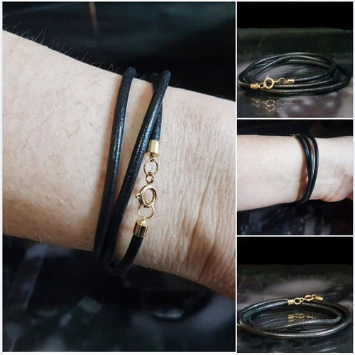 Imagem 1 de 7 de Pedras - Pulseira (3v), Unissex, Couro 3mm, Ouro, Cód380p389