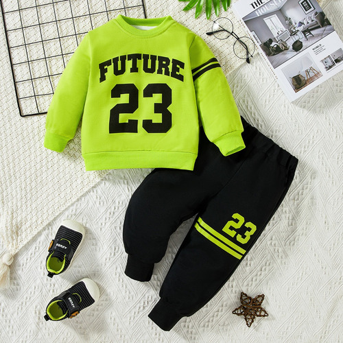 Conjunto Niño 9m-6a: Sudadera Estampada Y Pantalón Casual Verde Limón 3-4 A