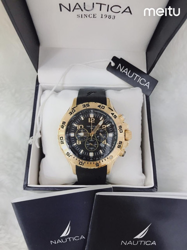 Relógio Real Ic3218 Nautica Ouro Fundo Preto Puls Borracha