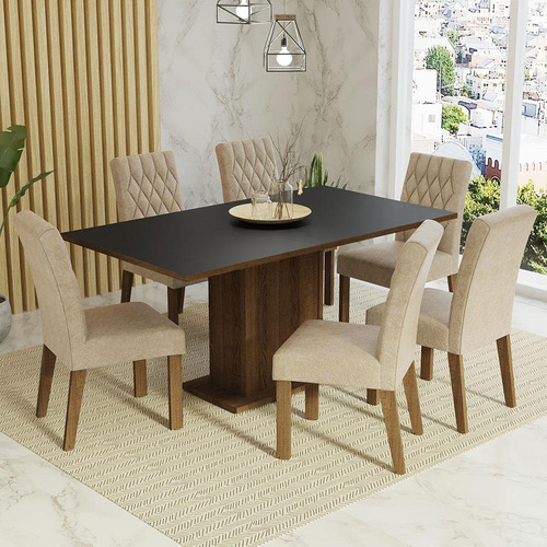 Sala Jantar Mesa Tampo Madeira 6 Cadeiras Madesa Hanna Rpi Cor Rustic/Preto/Imperial