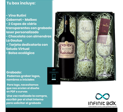 Box Regalo Empresarial Vino Rutini + 2 Copas Vidrio + Choco
