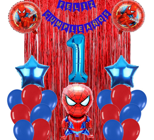 Combo Deco Spiderman Globo 3d 65cm Feliz Cumpleaños 