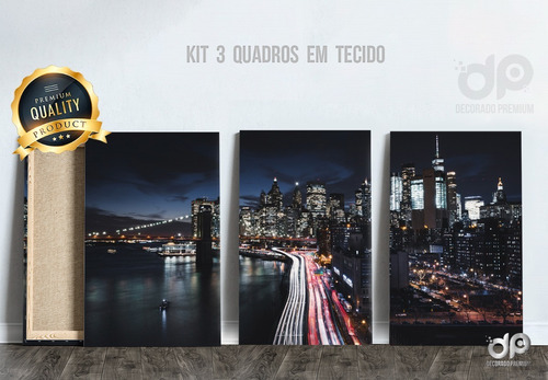 3 Quadro Em Tela Tecido Predio City Manhattan New York 40x60