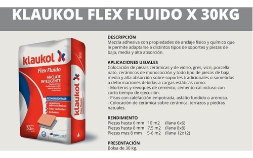 Imagen 2 de 4 de Pegamento Adhesivo Klaukol Flex Para Porcelanato X 30