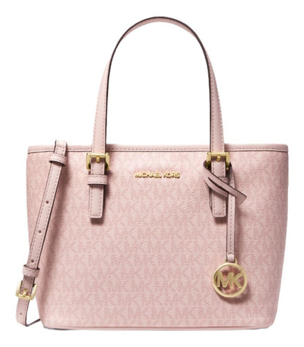 Michael Kors Bolso Jet Set Travel Tote Monograma Negro Acabado de los herrajes Dorado Color Rosa Color de la correa de hombro Rosa