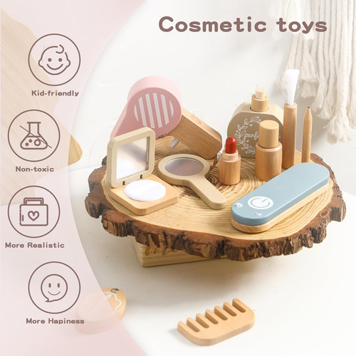 Juego De Juguetes De Maquillaje De Madera Natural Para Niñas