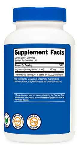 Nutricost Magnesium Citrate Citrato De Magnesio 120 Cáps