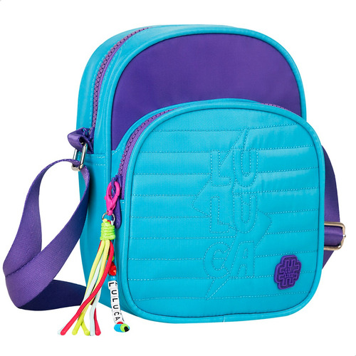 Bolsa Feminina Transversal Luluca Azul Com 2 Compartimentos Cor Azul-turquesa Correia de ombro Roxo Desenho do tecido Liso