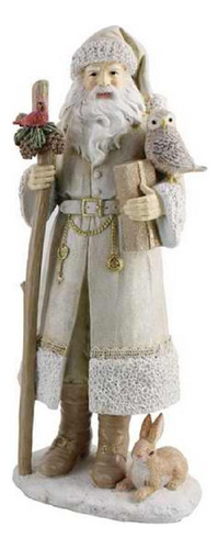 Escultura Papai Noel Decor Em Resina Com Animais Branco 31cm