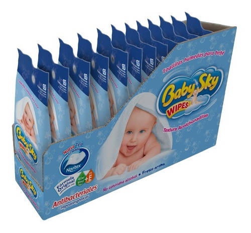 Imagen 1 de 6 de Toallitas Húmedas Baby Sky De Bolsillo 12pz, Caja Con 12paq.