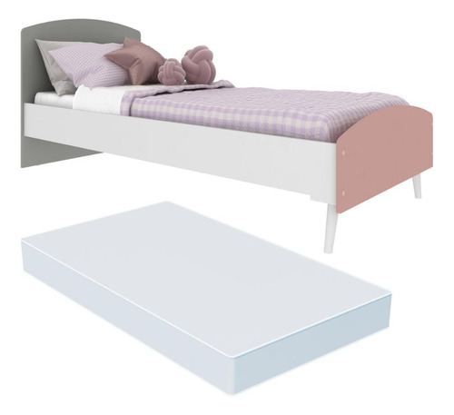 Cama Solteiro com Colchão Incluso 78x188cm 100% MDF Doçura Multimóveis Branca/Cinza/Rosa