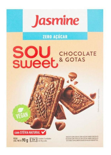 Kit 6 Biscoito Cereais Chocolate Zero Açúcar Jasmine 90g