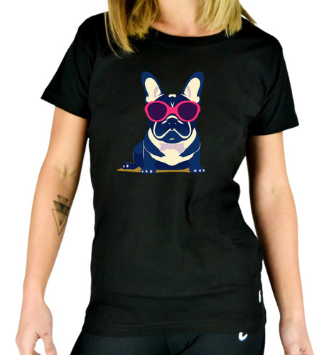 Remera Mujer Negra Algodón Bulldog Frances Personalizada 