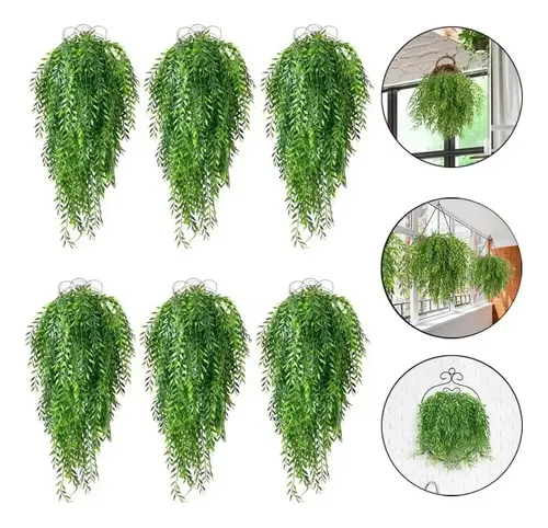 Kit 6 Pendentes Samambaia Planta Artificial Realista Toque Real Folhagem Decoração Jardim Verde