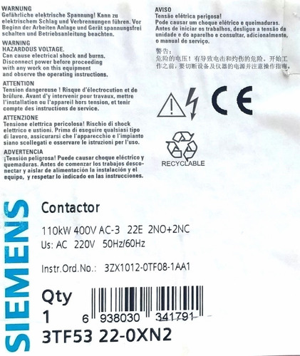 Contator Siemens 3tf53 22-0xn2 205a 220v 2na+2nf