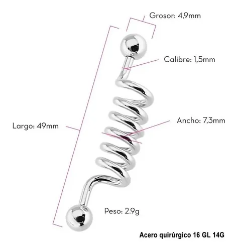 Piercing Industrial Oreja Espiral Acero Quirúrgico