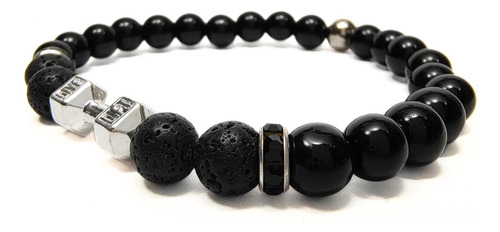 Pulsera De Hombre Lava + Cuentas+ Dije Mancuerna Color Plata