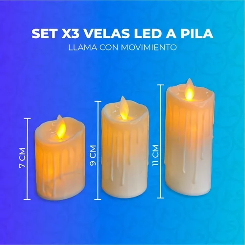 Kit Velas Velones De Led A Pila Efecto Llama Con Movimiento Derretida Luz  Calida Pack X 3 Velas