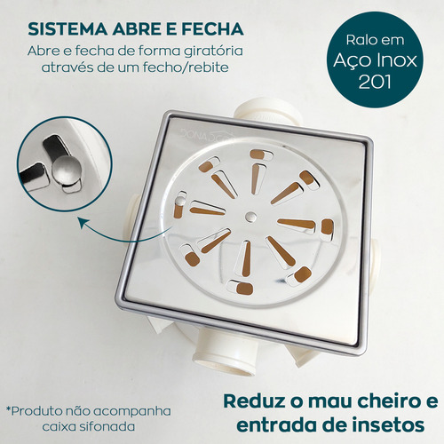 Porta Grelha Inox 304 E Tampa Ralo 15x15 Rotativo Com Fecho Ralo De Banheiro E caixilho 15x15 kit completo ralo abre e fecha Dona D.cor
