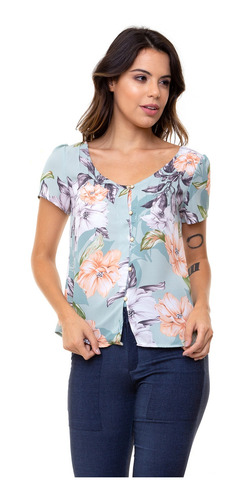 Blusa Kinara Crepe Nervuras Botões Pérolas Verde