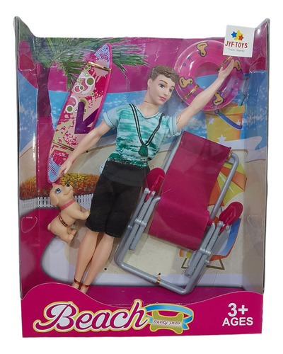 Muñeco Fashion Para Barbie Acc De Playa, Reposera Surf