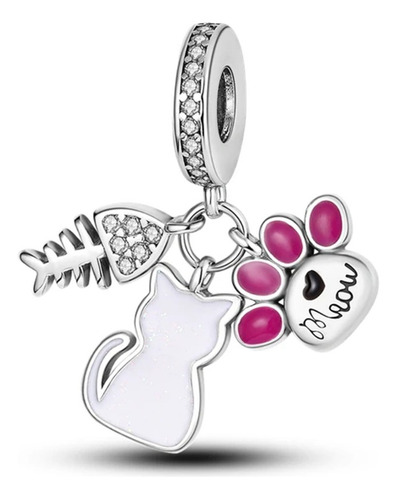 Dije Charm Diseño Gato Gatito Huella Y Pescado Plata S925