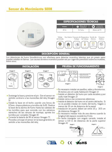 Sensor Detector De Humo Alarma + Batería 9v Conexión 110v