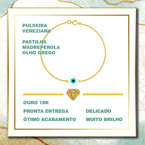 Pulseira Veneziana 19cm E 5mm Com Olho Grego Em Ouro 18k