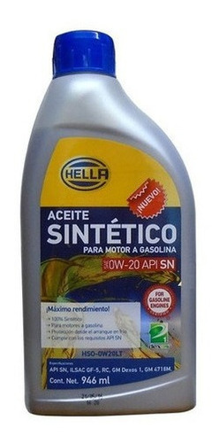 Aceite Sintetico 0w20 Api Sn Dexos 946ml Hella