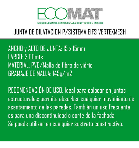 Junta De Dilatacion Para Sistema Eifs Tira X 2mts Ecomat