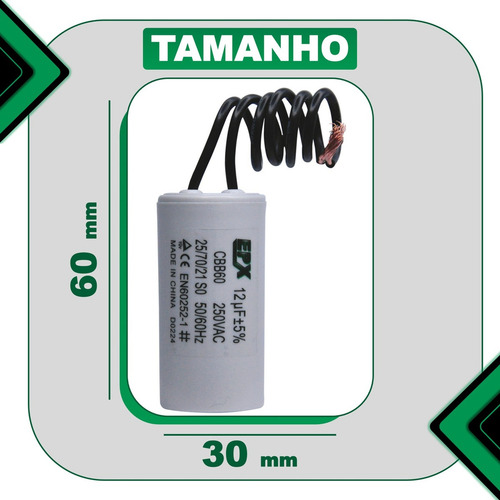 Capacitor Permanente 12uf 250v 2 Fios Cbb60 Motor Eletrico