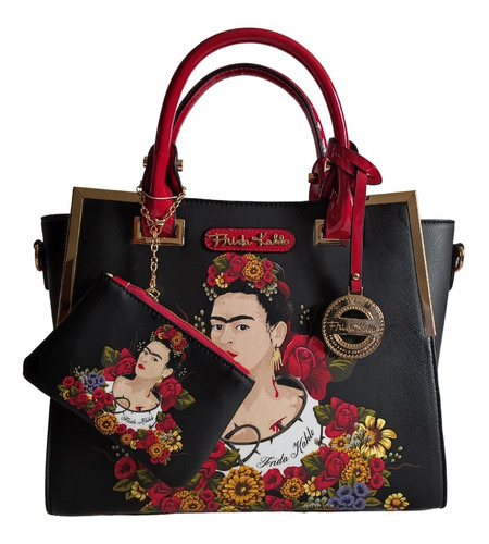 Bolsa Satchel C/ Monedero Frida Kahlo Flores Original Bk-rd