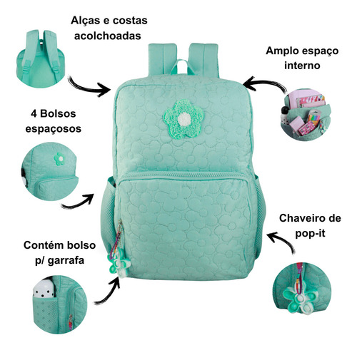Bolsa Cursinho Meninas Grande Reforçada C/ Chaveiro Cor Verde-claro Desenho do tecido Liso