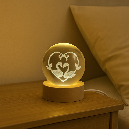 Esfera De Cristal 3d Con Luz Led, Cisnes Enamorados