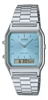 Reloj Casio Aq-230a-2a1 Vintage Analogo Digital Unixes Malla Plateado Bisel Plateado Fondo Celeste