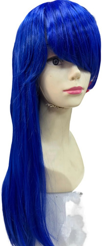 Peluca Lisa Con Flequillo Color Azul Largo 60