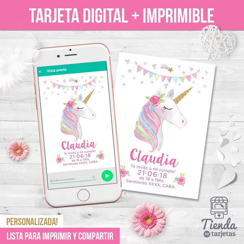 Imagen 2 de 4 de Diseño De Invitación Digital + Imprimible - Unicornio