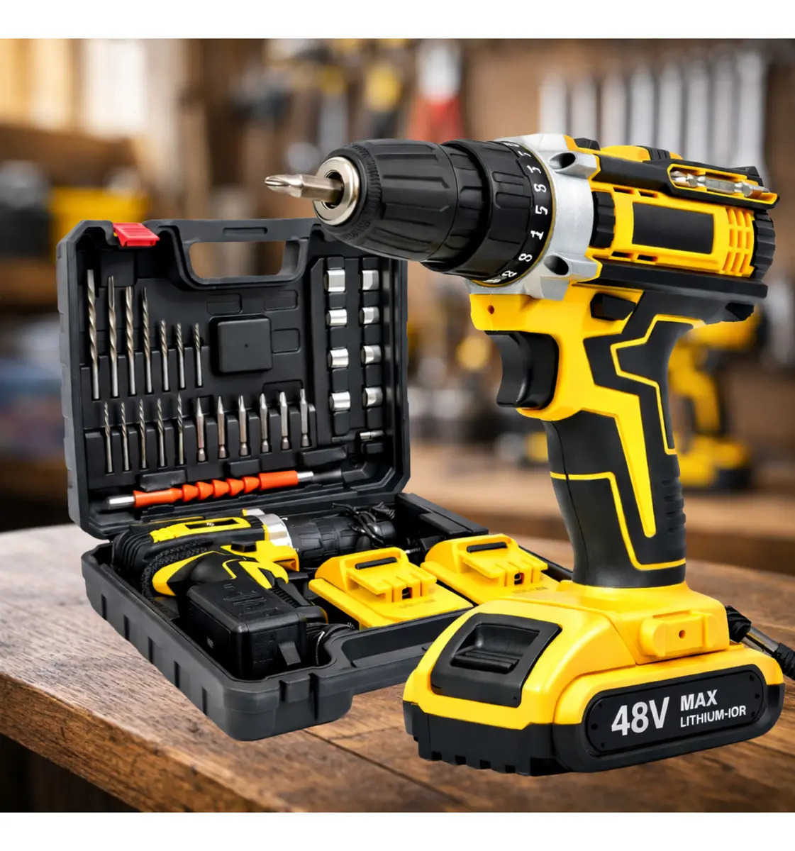 Parafusadeira E Furadeira 48v Impacto Profissional Bivolt Sem Fio 1400 Rpm 2 Baterias Com Maleta Brocas Bits Cor Amarelo