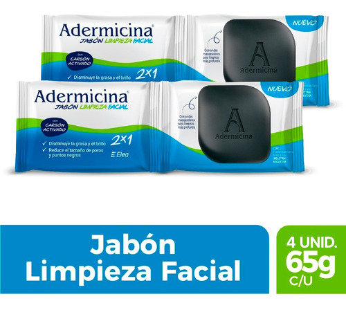 Adermicina Jabón Limpieza Facial Carbón Activado 4u 65g C/u