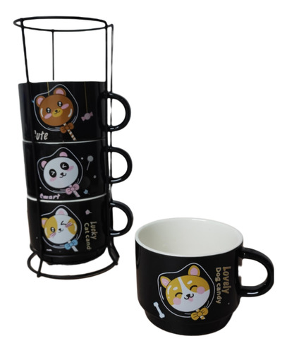 X4 Set De Tazas Mug Tazón Diseño Apilables 7cm + Soporte/r&c