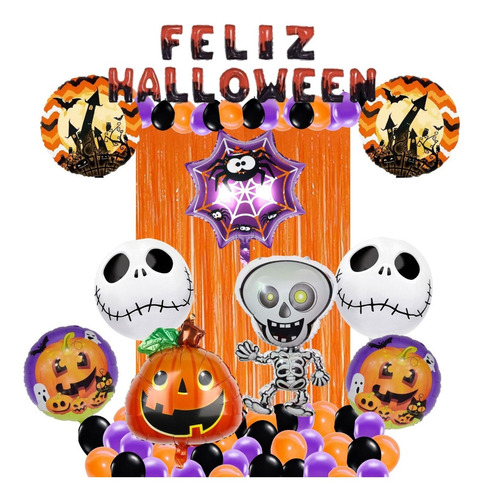 Set Globos Feliz Halloween Esqueleto Calabaza Telaraña Jack