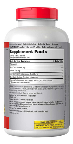 Glucosamina 1500mg Condroitina 1200mg 280tabs Kirkland Artic Sabor Neutro