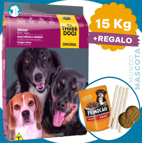 Alimento Perro Three Dogs 7+ Senior 15 Kg + Regalo