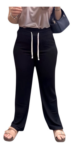 Pantalon Mujer Pierna Ancha Casual Stretch Negro Con Envio