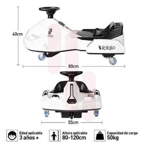 Go Kart Electrico Para Niños Giro 360° Luz Bluetooth Iciqlo Color Blanco