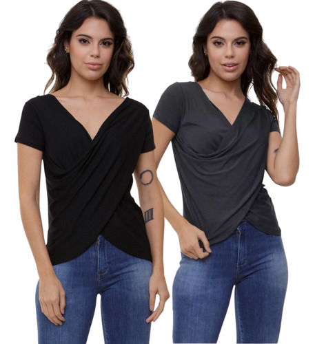 Kit 2 Blusa Transpassada Feminina Blusinha Camiseta Verao