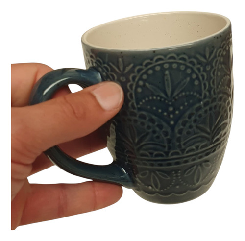 Taza Mug Cerámico Azul 445ml Diseño Relieve Estilo Oriental Azul Marino Mandala Art Déco